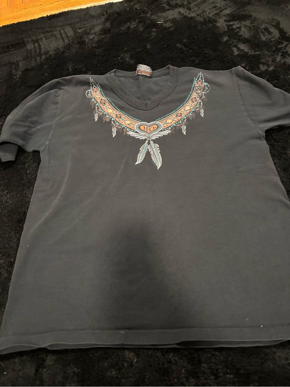Harley-Davidson Black V-Neck Tee with Tan and Teal Graphic